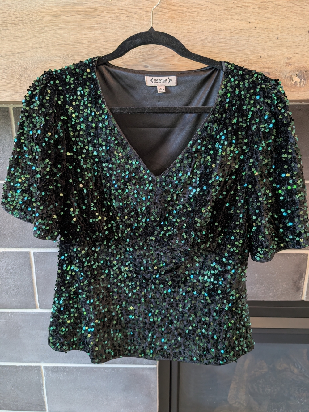 Nanette Lepore Black Top with Green Sequin V-Neck
